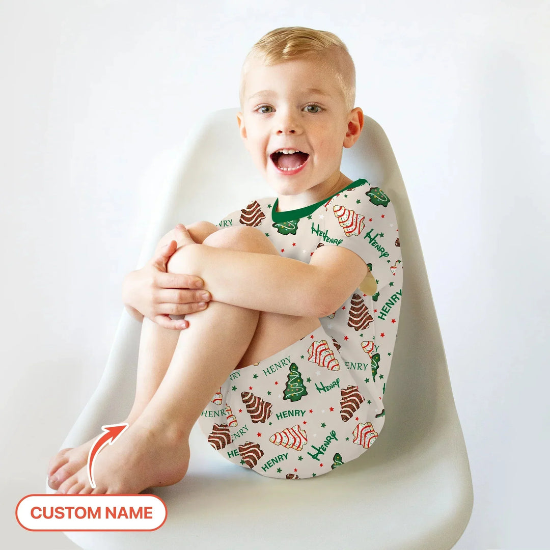 Christmas Tree Cake Custom Name Two Piece Short Sleeve Shorts Pajama Set , Christmas Tree Cake Custom Name Two Piece Short Sleeve Shorts Pajama Set - 12-18M