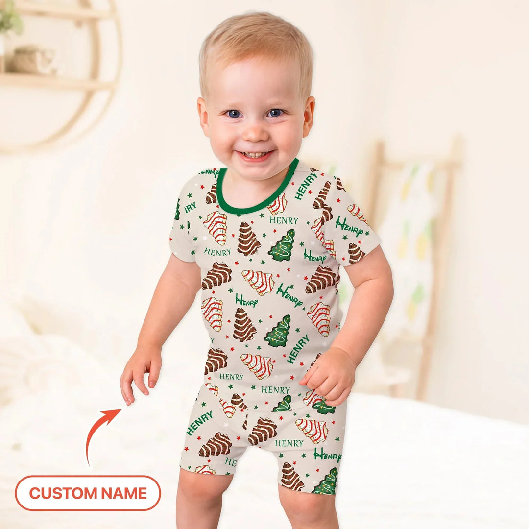 Christmas Tree Cake Custom Name Two Piece Short Sleeve Shorts Pajama Set , Christmas Tree Cake Custom Name Two Piece Short Sleeve Shorts Pajama Set - 12-18M