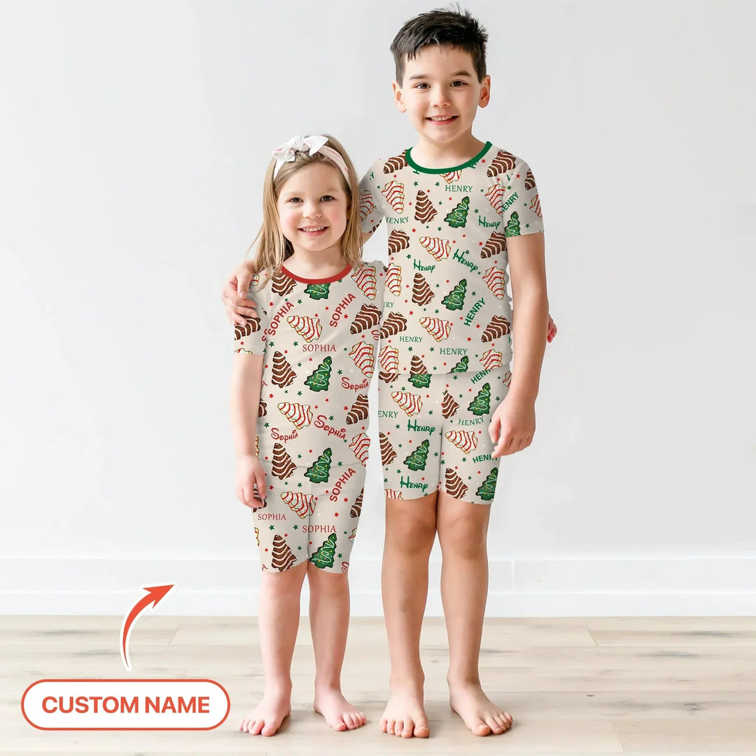 Christmas Tree Cake Custom Name Two Piece Short Sleeve Shorts Pajama Set , Christmas Tree Cake Custom Name Two Piece Short Sleeve Shorts Pajama Set - 12-18M