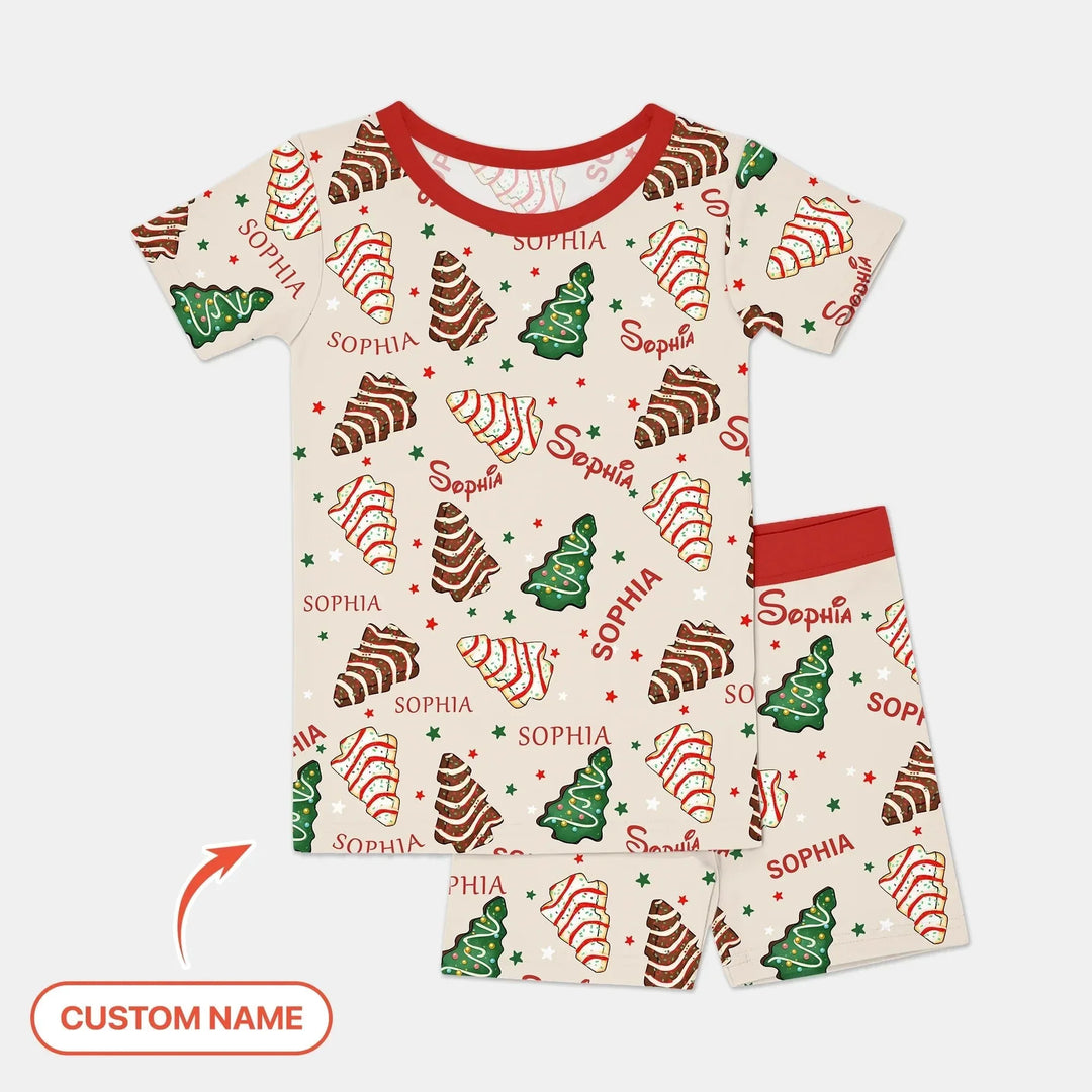 Christmas Tree Cake Custom Name Two Piece Short Sleeve Shorts Pajama Set , Christmas Tree Cake Custom Name Two Piece Short Sleeve Shorts Pajama Set - 12-18M