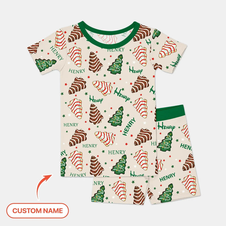 Christmas Tree Cake Custom Name Two Piece Short Sleeve Shorts Pajama Set , Christmas Tree Cake Custom Name Two Piece Short Sleeve Shorts Pajama Set - 12-18M