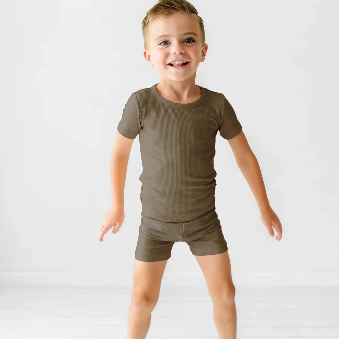Cocoa Ribbed Two Piece Short Sleeve Shorts Pajama Set , Cocoa Ribbed Two Piece Short Sleeve Shorts Pajama Set - 12-18M