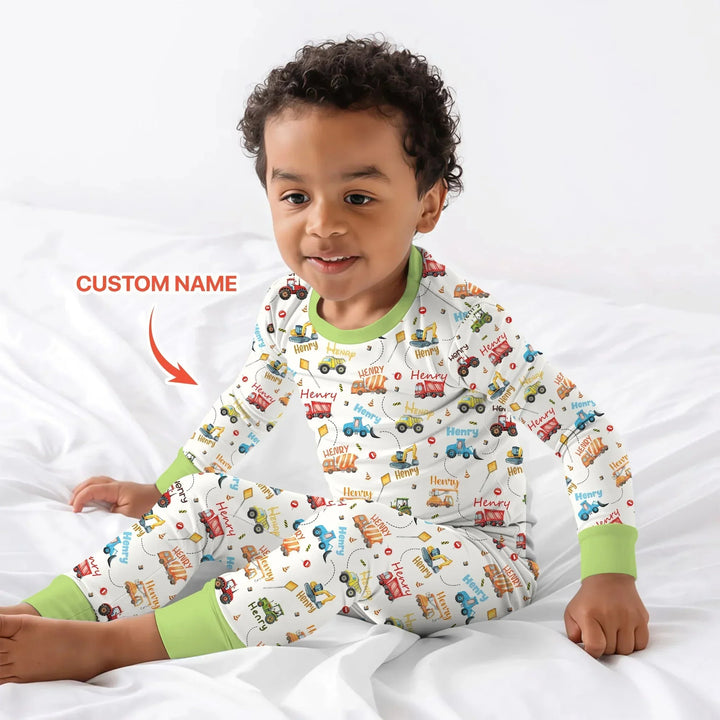 Construction Vehicles Custom Name Two Piece Long Sleeve Pajama Set , Construction Vehicles Custom Name Two Piece Long Sleeve Pajama Set - 12-18M