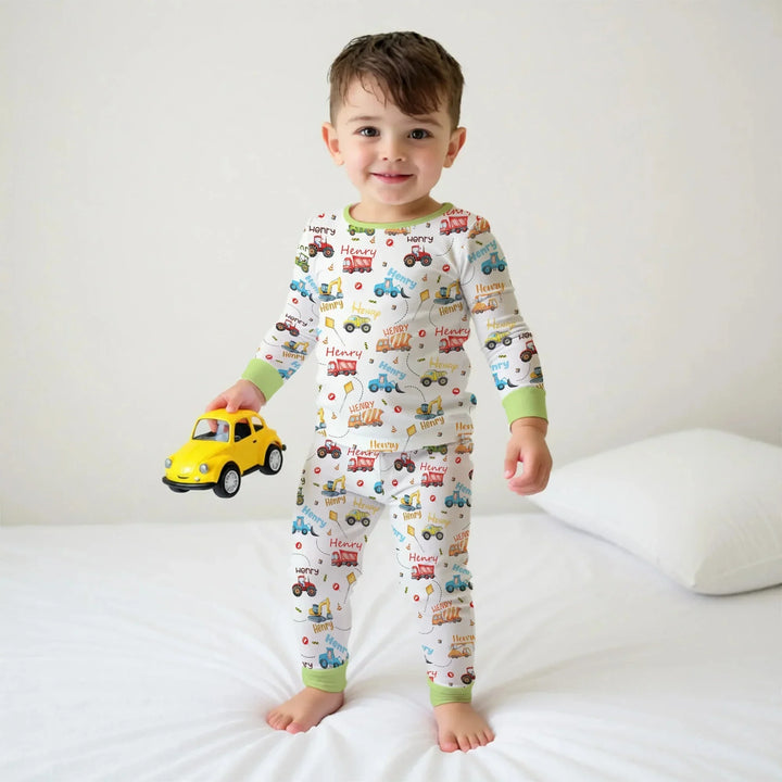 Construction Vehicles Custom Name Two Piece Long Sleeve Pajama Set , Construction Vehicles Custom Name Two Piece Long Sleeve Pajama Set - 12-18M