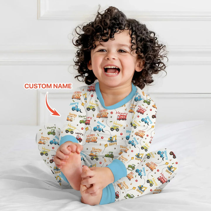 Construction Vehicles Custom Name Two Piece Long Sleeve Pajama Set , Construction Vehicles Custom Name Two Piece Long Sleeve Pajama Set - 12-18M