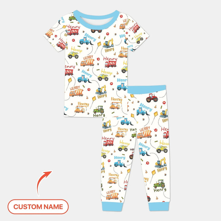 Construction Vehicles Custom Name Two Piece Short Sleeve Pajama Set , Construction Vehicles Custom Name Two Piece Short Sleeve Pajama Set - 12-18M