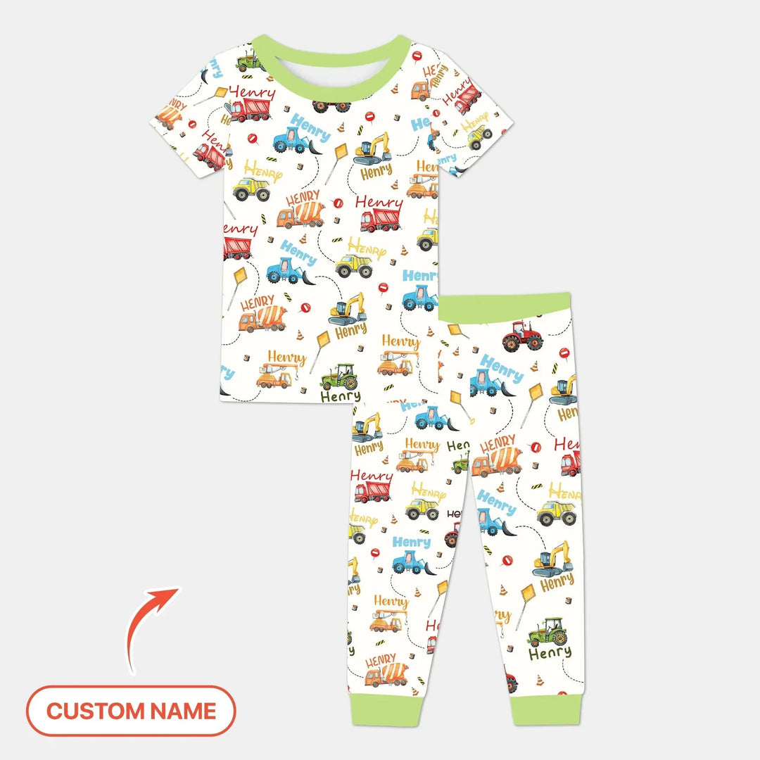 Construction Vehicles Custom Name Two Piece Short Sleeve Pajama Set , Construction Vehicles Custom Name Two Piece Short Sleeve Pajama Set - 12-18M