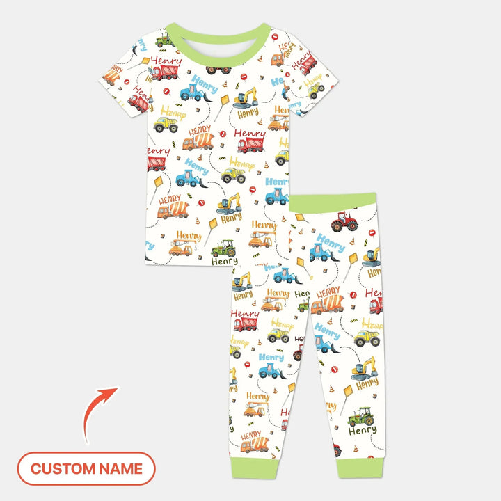 Construction Vehicles Custom Name Two Piece Short Sleeve Pajama Set , Construction Vehicles Custom Name Two Piece Short Sleeve Pajama Set - 12-18M
