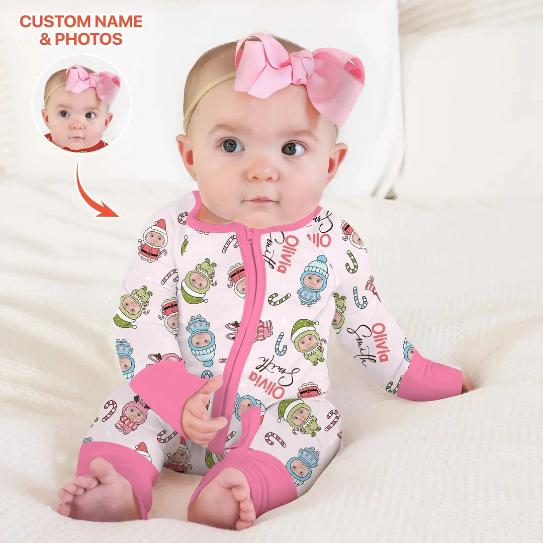 Custom Baby Photo Christmas Bear Convertible Zippy , Custom Baby Photo Christmas Bear Convertible Zippy - 0-3M