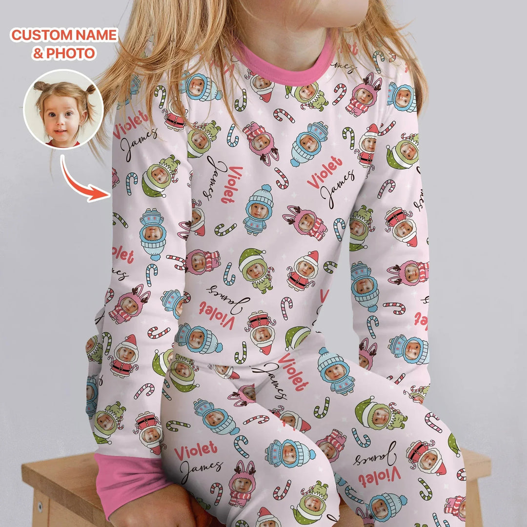 Custom Baby Photo Christmas Bear Two Piece Long Sleeve Pajama Set , Custom Baby Photo Christmas Bear Two Piece Long Sleeve Pajama Set - 12-18M