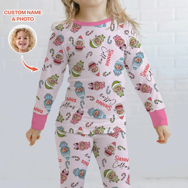 Custom Baby Photo Christmas Bear Two Piece Long Sleeve Pajama Set , Custom Baby Photo Christmas Bear Two Piece Long Sleeve Pajama Set - 12-18M