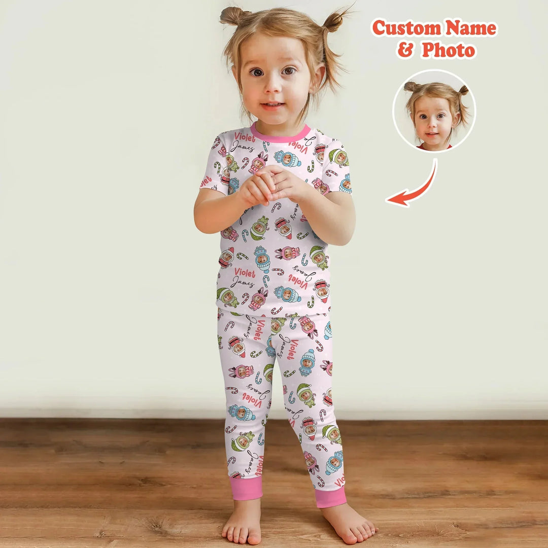 Custom Baby Photo Christmas BearTwo Piece Short Sleeve Pajama Set , Custom Baby Photo Christmas BearTwo Piece Short Sleeve Pajama Set - 12-18M