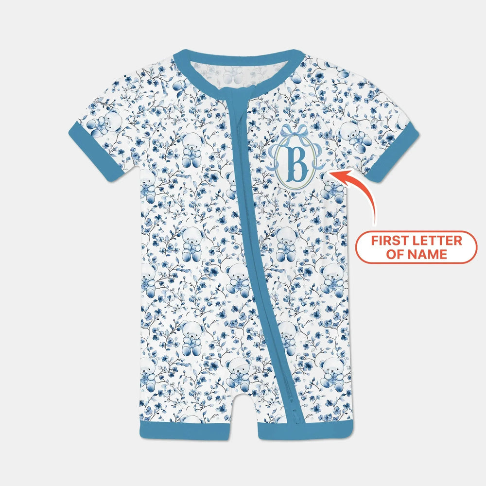 Custom Blue Chinoiserie Teddy Shorty Zippy , Custom Blue Chinoiserie Teddy Shorty Zippy - 0-3M