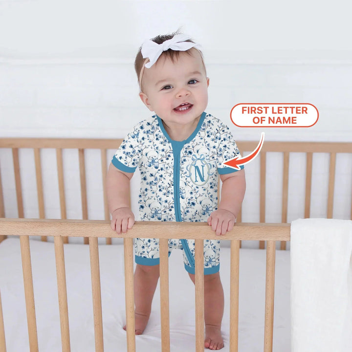 Custom Blue Chinoiserie Teddy Shorty Zippy , Custom Blue Chinoiserie Teddy Shorty Zippy - 0-3M