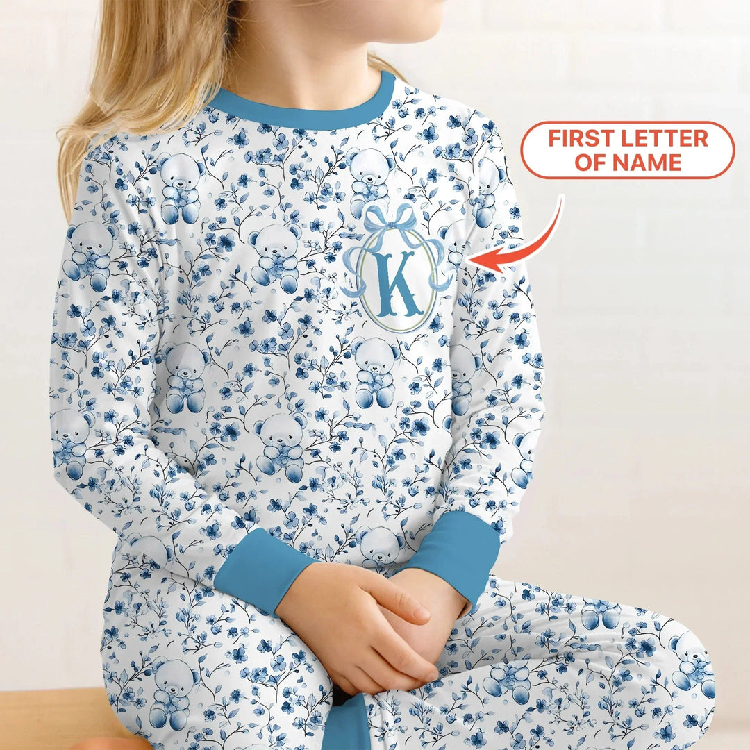 Custom Blue Chinoiserie Teddy Two Piece Long Sleeve Pajama Set , Custom Blue Chinoiserie Teddy Two Piece Long Sleeve Pajama Set - 12-18M