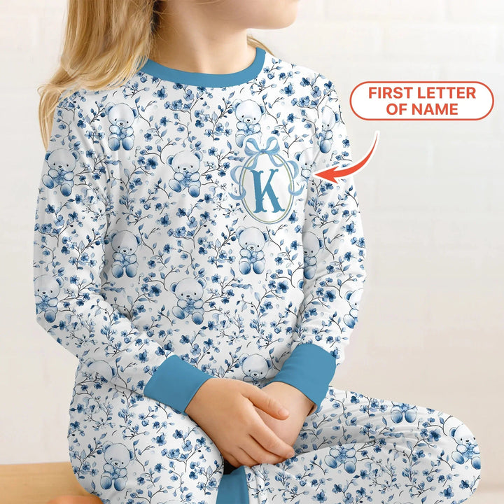 Custom Blue Chinoiserie Teddy Two Piece Long Sleeve Pajama Set , Custom Blue Chinoiserie Teddy Two Piece Long Sleeve Pajama Set - 12-18M