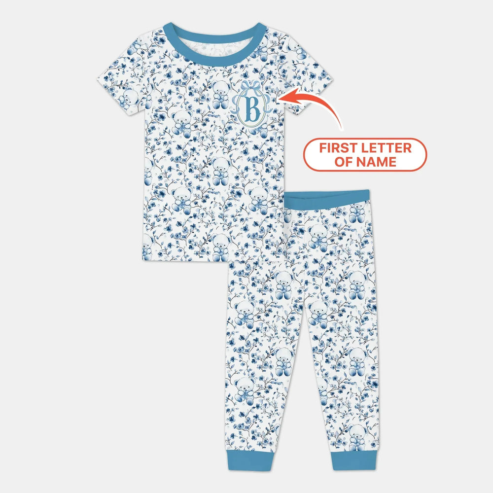 Custom Blue Chinoiserie Teddy Two Piece Short Sleeve Pajama Set , Custom Blue Chinoiserie Teddy Two Piece Short Sleeve Pajama Set - 12-18M