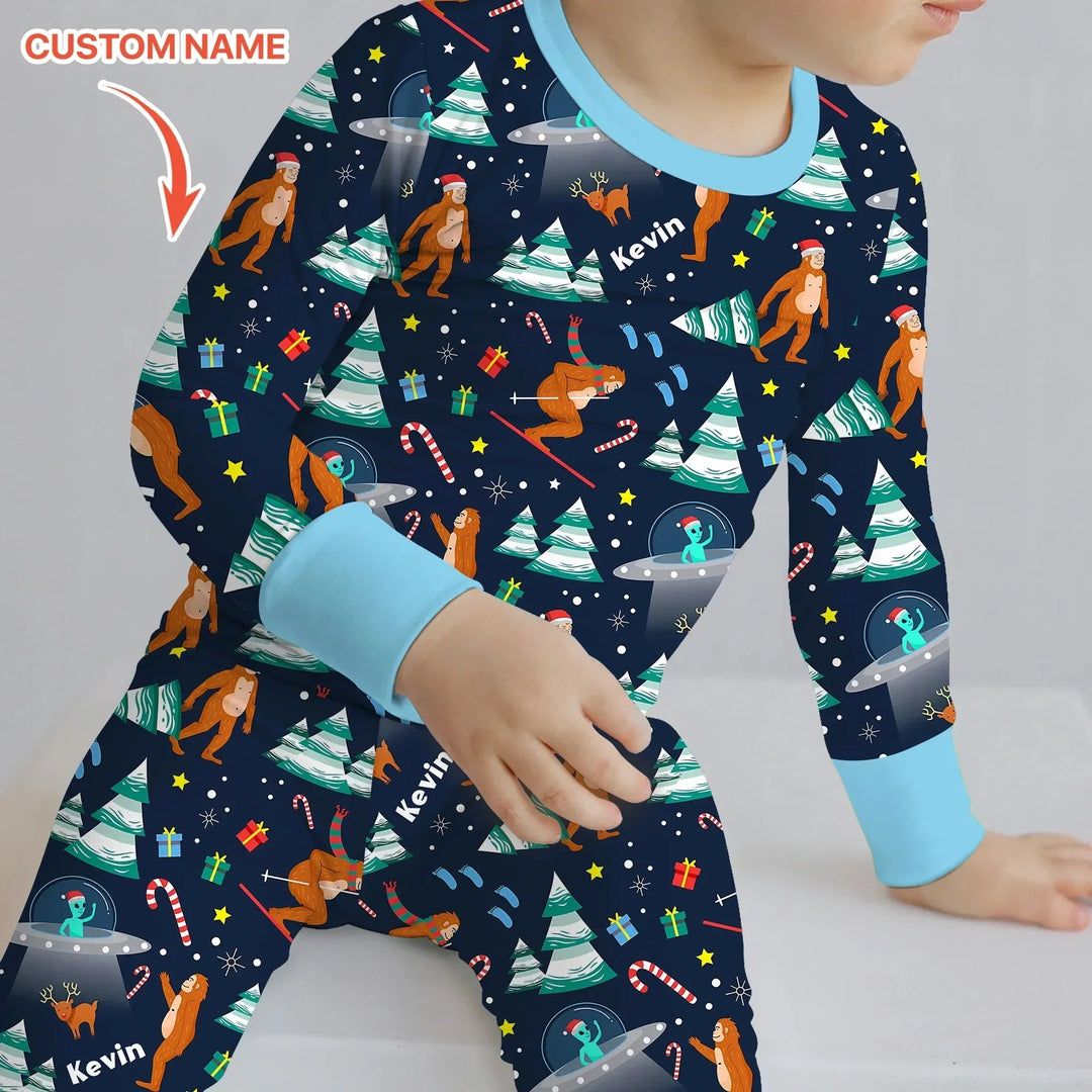 Custom Christmas Bigfoot Two Piece Long Sleeve Pajama Set , Custom Christmas Bigfoot Two Piece Long Sleeve Pajama Set - 12-18M