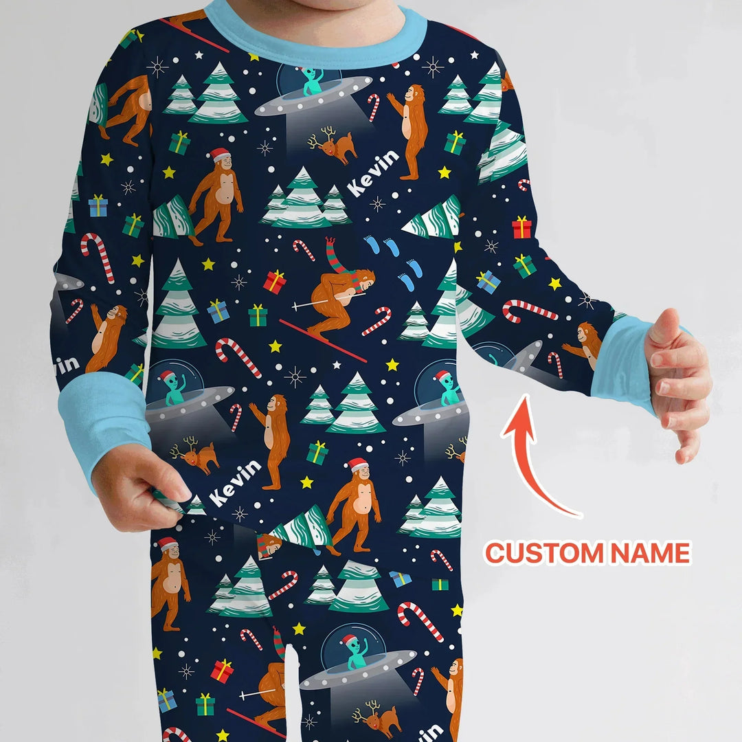 Custom Christmas Bigfoot Two Piece Long Sleeve Pajama Set , Custom Christmas Bigfoot Two Piece Long Sleeve Pajama Set - 12-18M