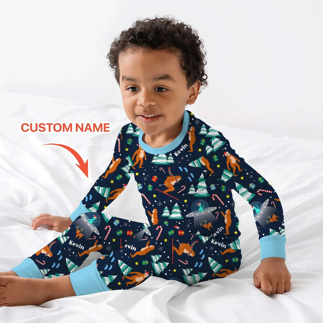 Custom Christmas Bigfoot Two Piece Long Sleeve Pajama Set , Custom Christmas Bigfoot Two Piece Long Sleeve Pajama Set - 12-18M