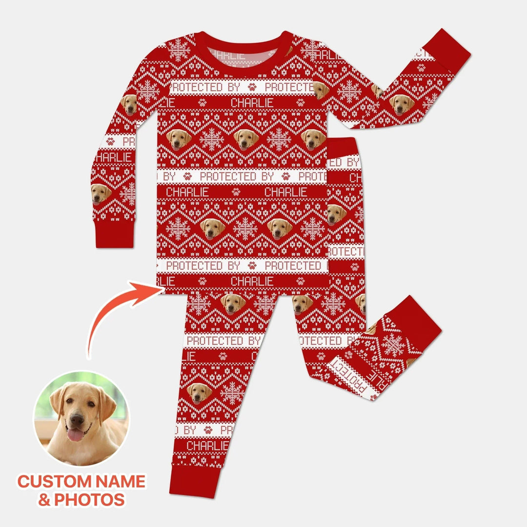 Custom Dog Photo Fair Isle Christmas Two Piece Long Sleeve Pajama Set , Custom Dog Photo Fair Isle Christmas Two Piece Long Sleeve Pajama Set - 12-18M