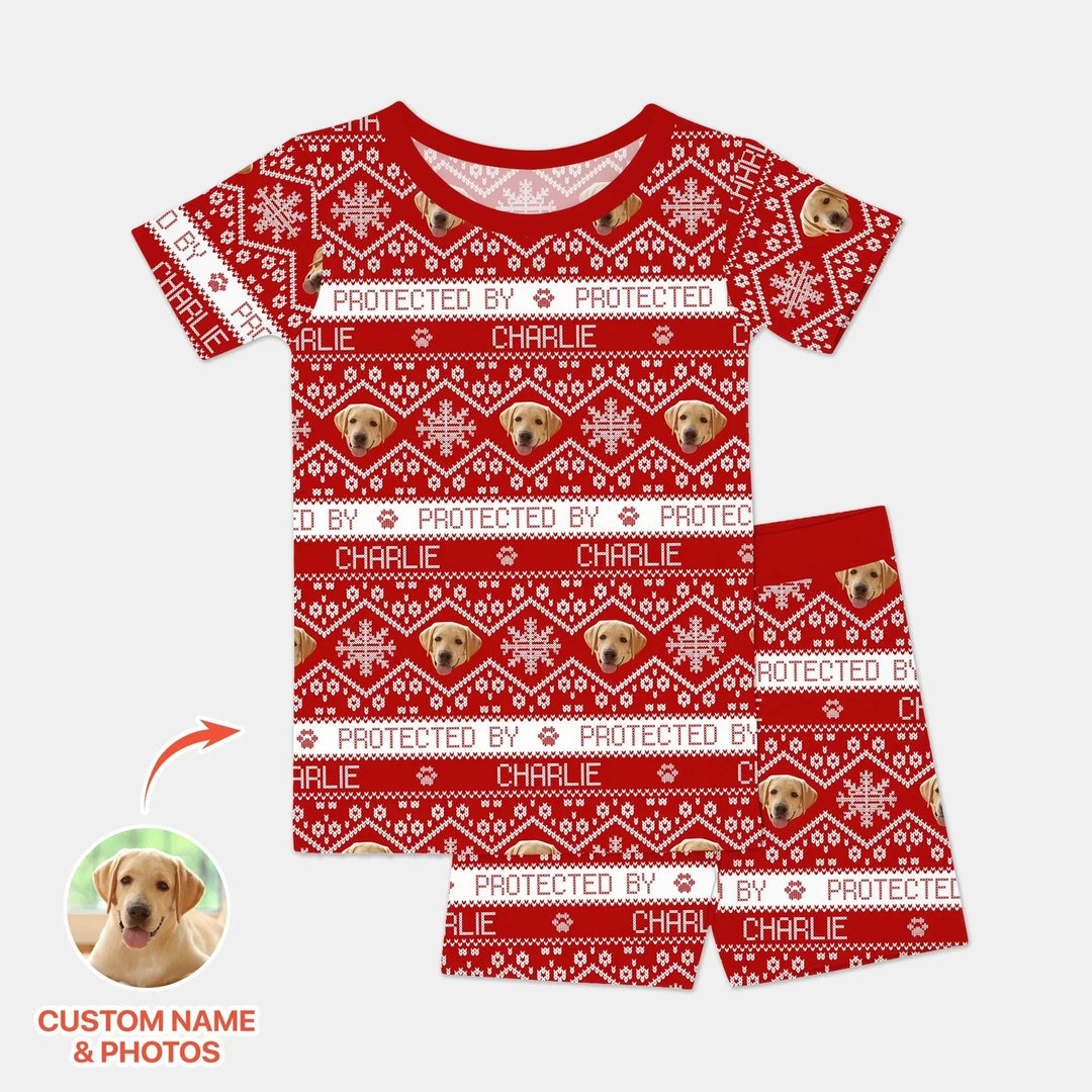 Custom Dog Photo Fair Isle Christmas Two Piece Short Sleeve Shorts Pajama Set , Custom Dog Photo Fair Isle Christmas Two Piece Short Sleeve Shorts Pajama Set - 12-18M