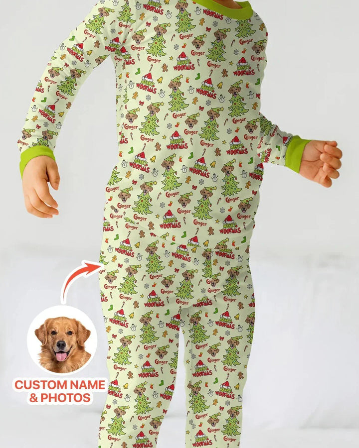 Custom Dog Photo Merry Woofmas Two Piece Long Sleeve Pajama Set , Custom Dog Photo Merry Woofmas Two Piece Long Sleeve Pajama Set - 12-18M