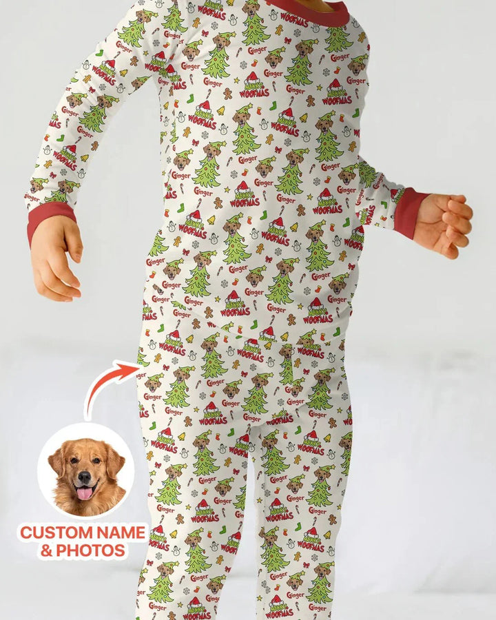 Custom Dog Photo Merry Woofmas Two Piece Long Sleeve Pajama Set , Custom Dog Photo Merry Woofmas Two Piece Long Sleeve Pajama Set - 12-18M