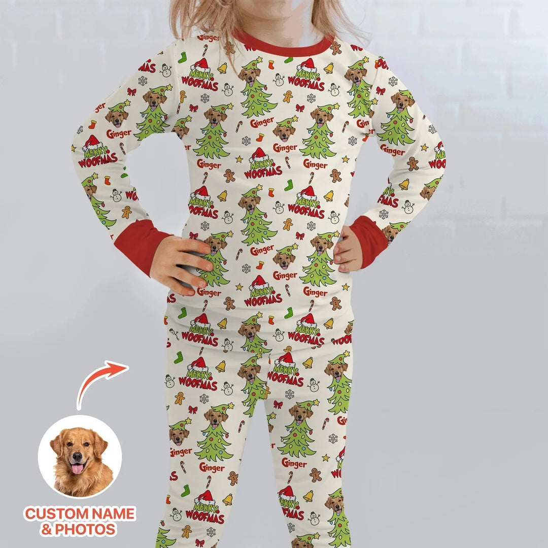 Custom Dog Photo Merry Woofmas Two Piece Long Sleeve Pajama Set , Custom Dog Photo Merry Woofmas Two Piece Long Sleeve Pajama Set - 12-18M
