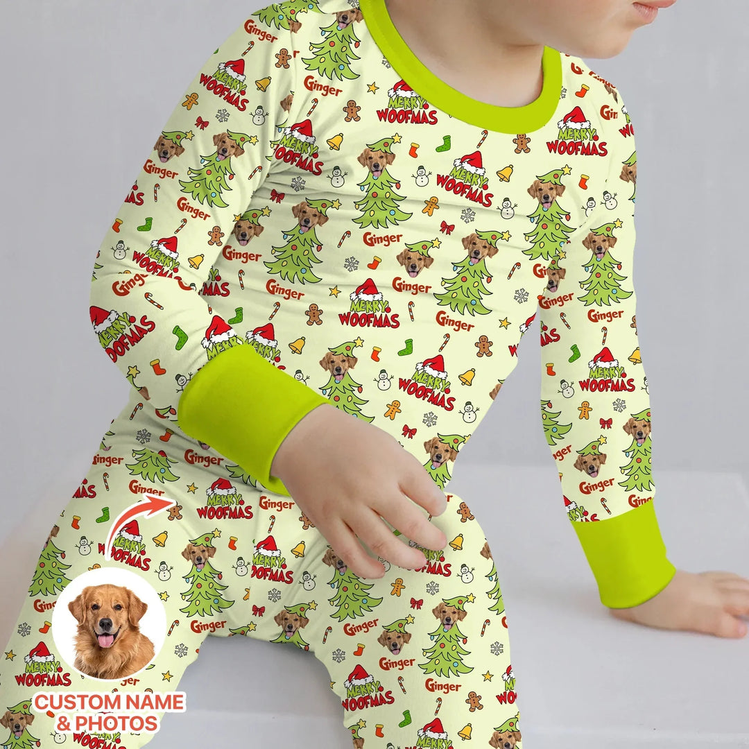 Custom Dog Photo Merry Woofmas Two Piece Long Sleeve Pajama Set , Custom Dog Photo Merry Woofmas Two Piece Long Sleeve Pajama Set - 12-18M