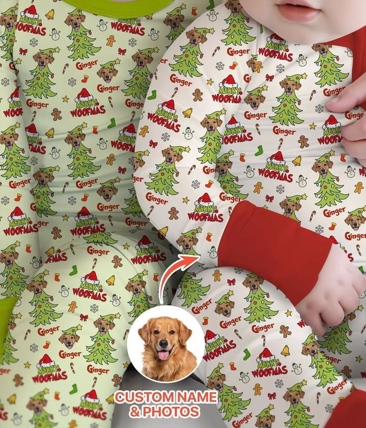Custom Dog Photo Merry Woofmas Two Piece Long Sleeve Pajama Set , Custom Dog Photo Merry Woofmas Two Piece Long Sleeve Pajama Set - 12-18M