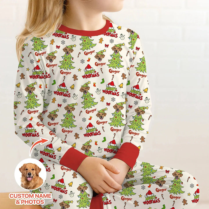 Custom Dog Photo Merry Woofmas Two Piece Long Sleeve Pajama Set , Custom Dog Photo Merry Woofmas Two Piece Long Sleeve Pajama Set - 12-18M