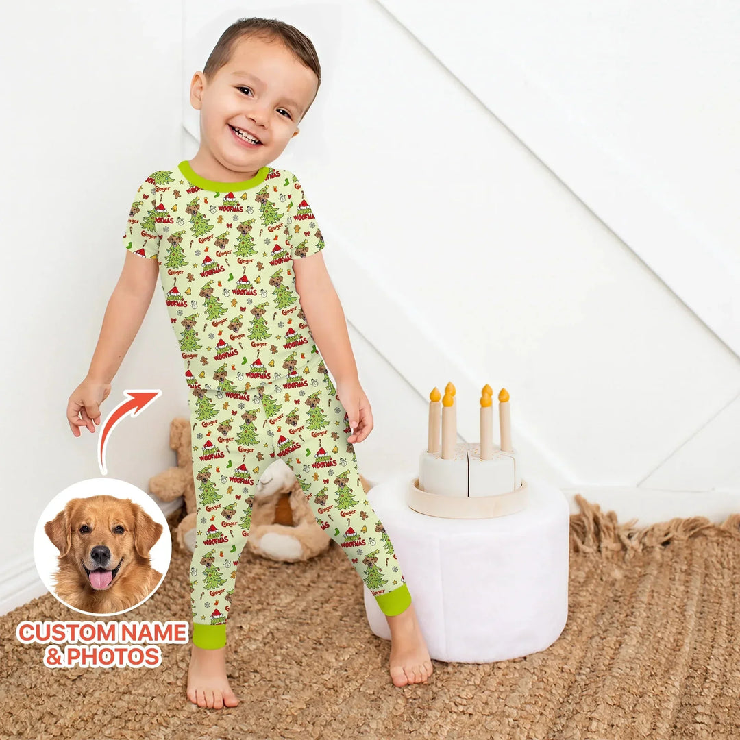 Custom Dog Photo Merry Woofmas Two Piece Short Sleeve Pajama Set , Custom Dog Photo Merry Woofmas Two Piece Short Sleeve Pajama Set - 12-18M