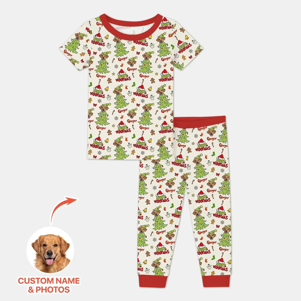 Custom Dog Photo Merry Woofmas Two Piece Short Sleeve Pajama Set , Custom Dog Photo Merry Woofmas Two Piece Short Sleeve Pajama Set - 12-18M
