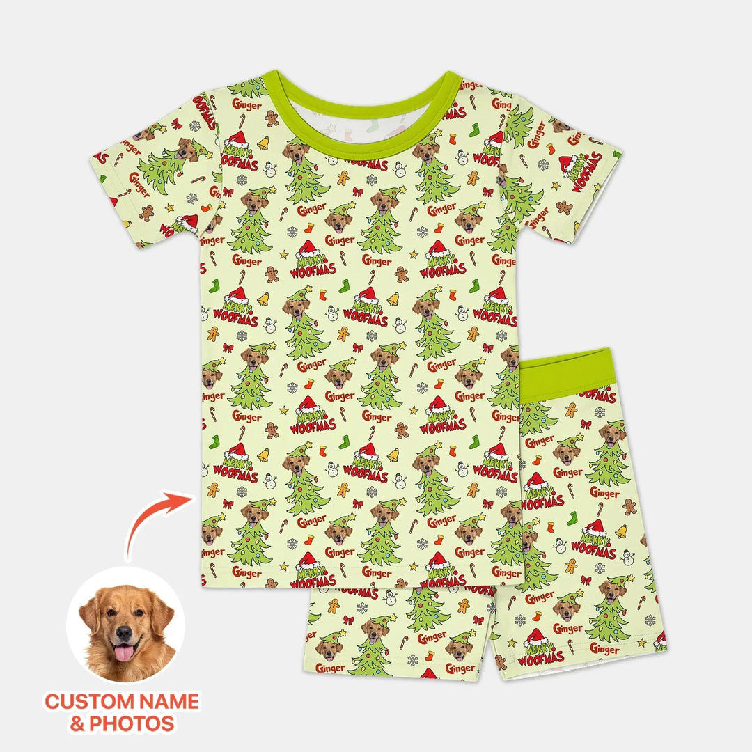 Custom Dog Photo Merry Woofmas Two Piece Short Sleeve Shorts Pajama Set , Custom Dog Photo Merry Woofmas Two Piece Short Sleeve Shorts Pajama Set - 12-18M