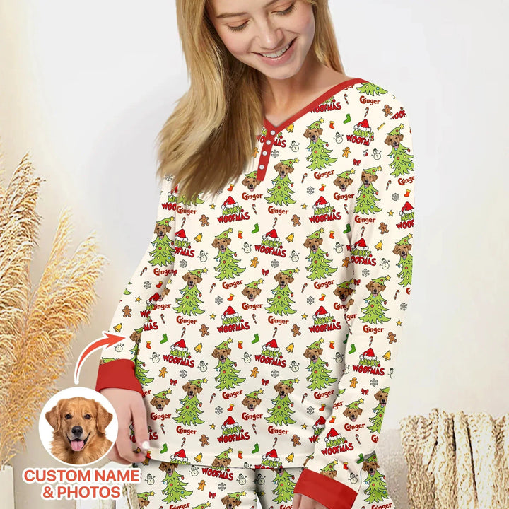 Custom Dog Photo Merry Woofmas Women Pajama Set , Custom Dog Photo Merry Woofmas Women Pajama Set - Only Shirt / S