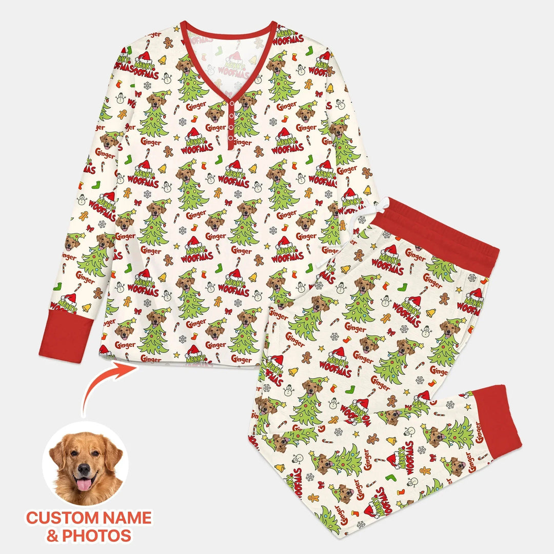 Custom Dog Photo Merry Woofmas Women Pajama Set , Custom Dog Photo Merry Woofmas Women Pajama Set - Combo Shirt & Pants / S