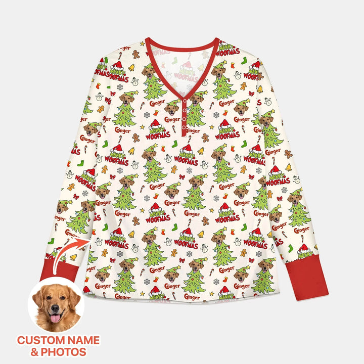 Custom Dog Photo Merry Woofmas Women Pajama Set , Custom Dog Photo Merry Woofmas Women Pajama Set - Only Shirt / S