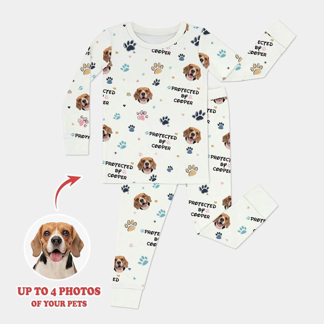 Custom Dog Photo Pattern "Protected By" Pajama , Custom Dog Photo Pattern "Protected By" Pajama - Long Pajama / 12-18M