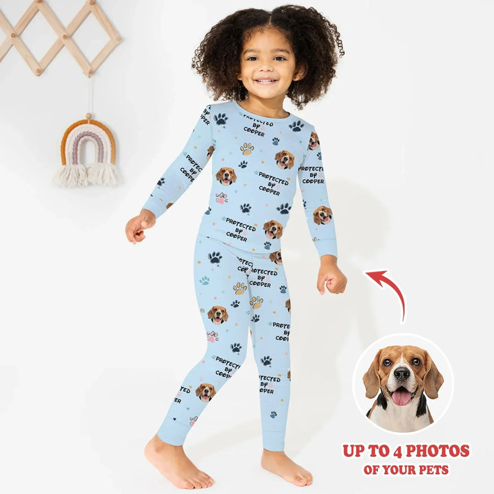 Custom Dog Photo Pattern "Protected By" Pajama , Custom Dog Photo Pattern "Protected By" Pajama - Long Pajama / 12-18M