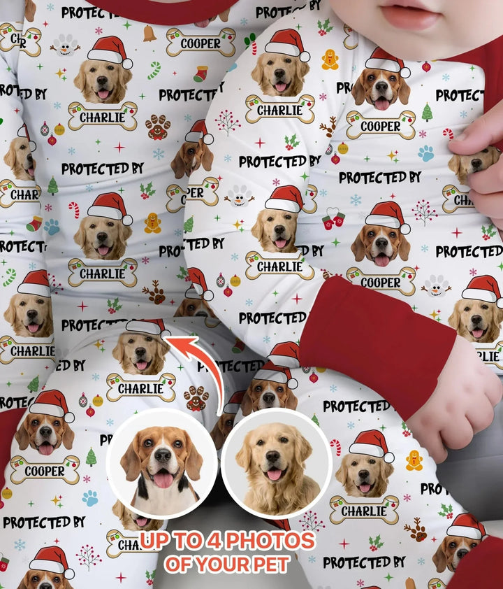 Custom Dog Photo "Protected By" Christmas Two Piece Long Sleeve Pajama Set , Custom Dog Photo "Protected By" Christmas Two Piece Long Sleeve Pajama Set - 12-18M