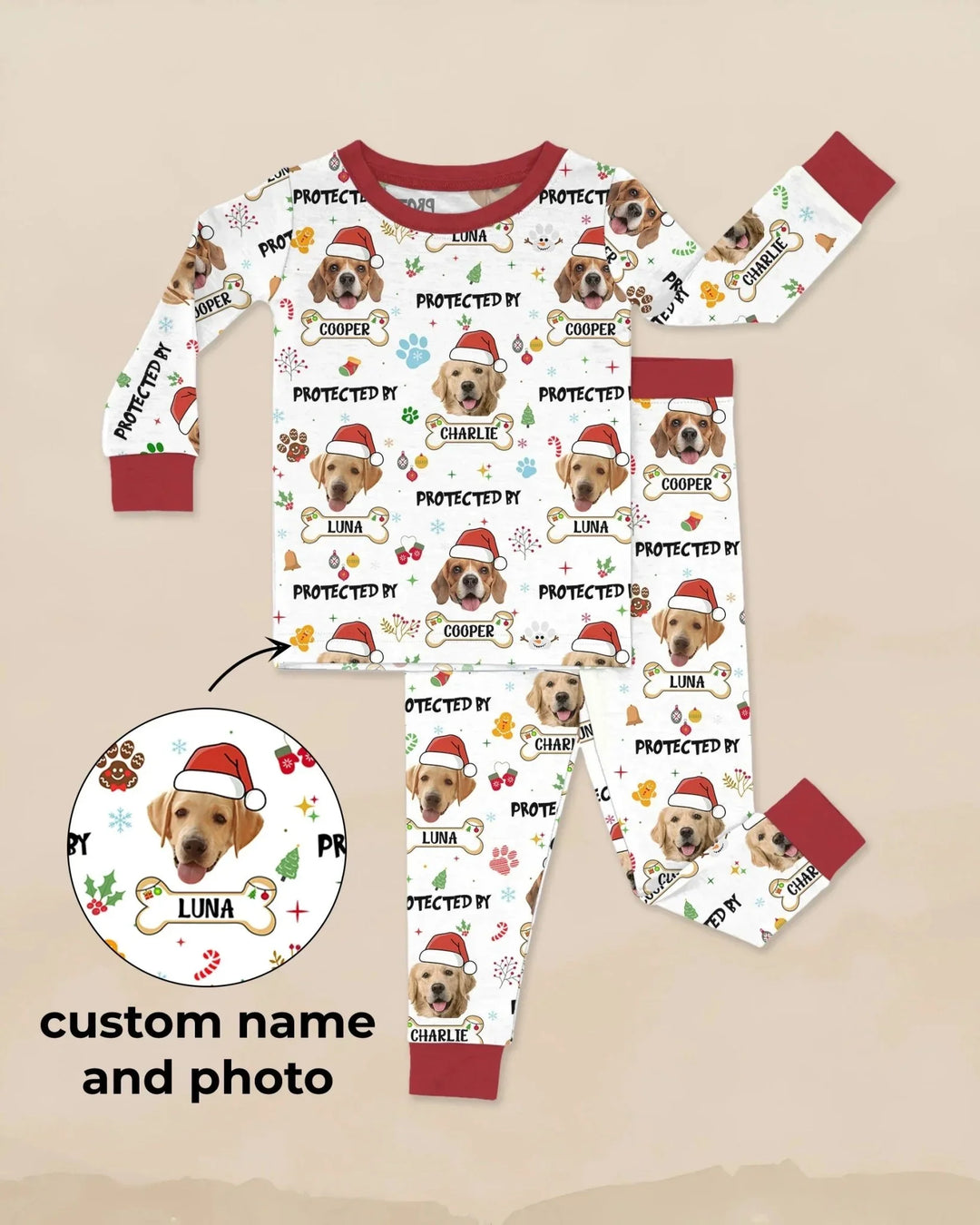 Custom Dog Photo "Protected By" Christmas Two Piece Long Sleeve Pajama Set , Custom Dog Photo "Protected By" Christmas Two Piece Long Sleeve Pajama Set - 12-18M