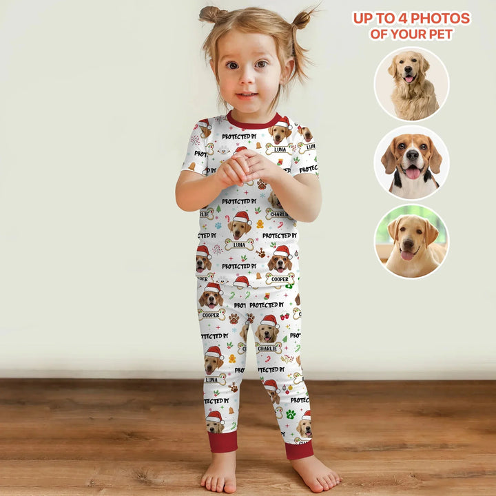 Custom Dog Photo "Protected By" Christmas Two Piece Short Sleeve Pajama Set , Custom Dog Photo "Protected By" Christmas Two Piece Short Sleeve Pajama Set - 12-18M