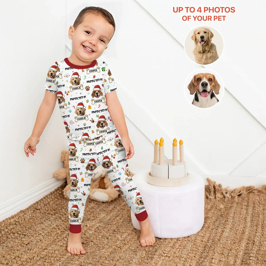 Custom Dog Photo "Protected By" Christmas Two Piece Short Sleeve Pajama Set , Custom Dog Photo "Protected By" Christmas Two Piece Short Sleeve Pajama Set - 12-18M