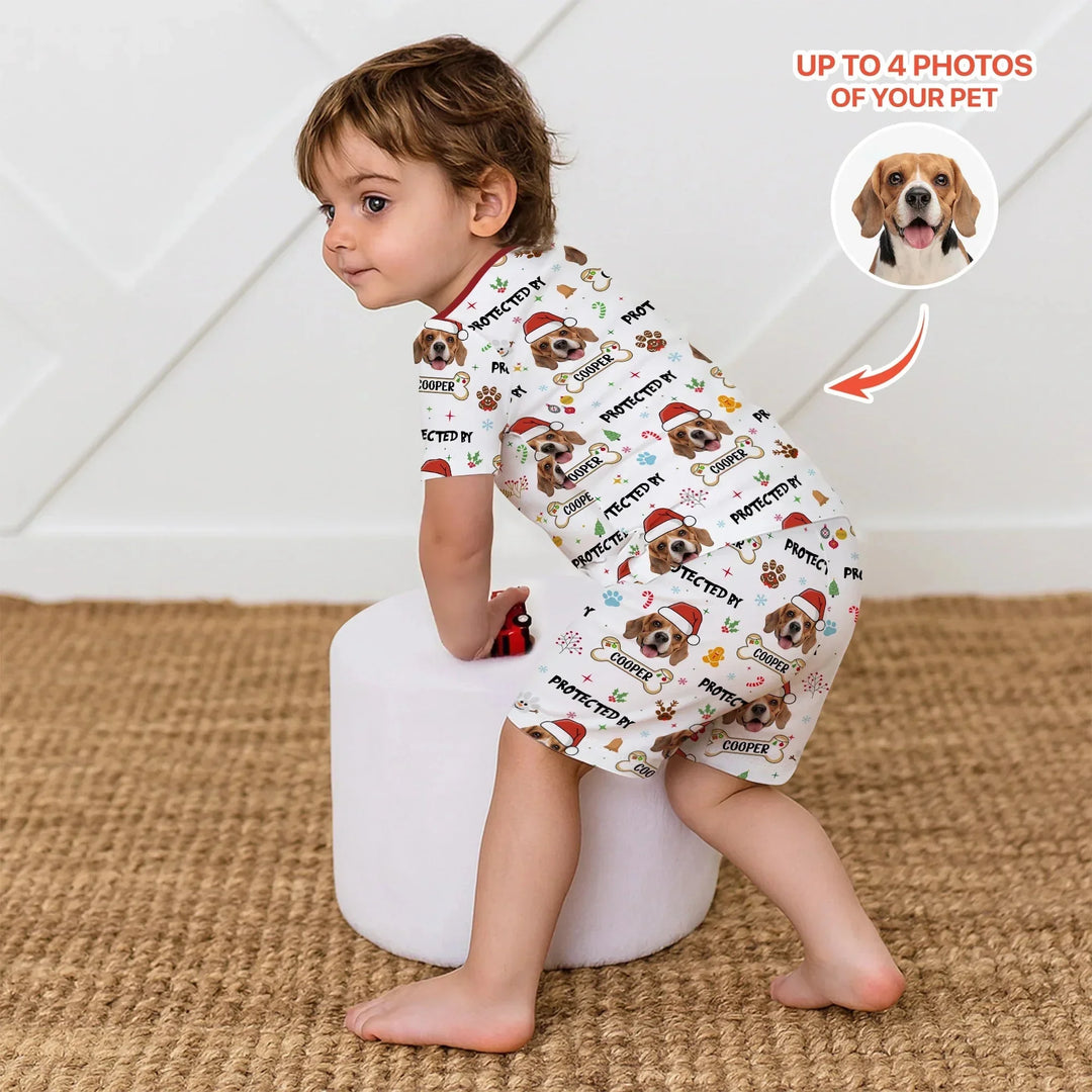 Custom Dog Photo "Protected By" Christmas Two Piece Short Sleeve Shorts Pajama Set , Custom Dog Photo "Protected By" Christmas Two Piece Short Sleeve Shorts Pajama Set - 12-18M