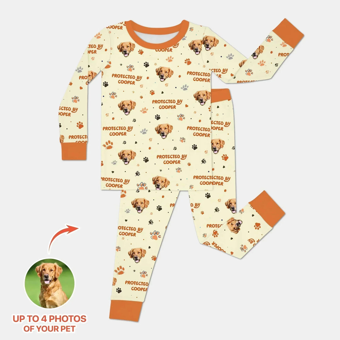 Custom Dog Photos "Protected By" Pawfect Blue Two Piece Long Sleeve Pajama Set , Custom Dog Photos "Protected By" Pawfect Blue Two Piece Long Sleeve Pajama Set - 12-18M