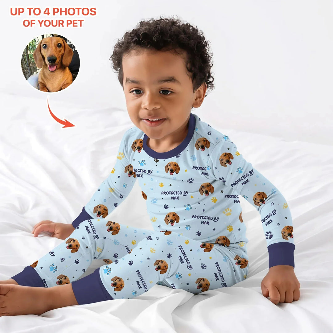 Custom Dog Photos "Protected By" Pawfect Blue Two Piece Long Sleeve Pajama Set , Custom Dog Photos "Protected By" Pawfect Blue Two Piece Long Sleeve Pajama Set - 12-18M