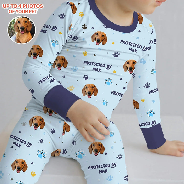 Custom Dog Photos "Protected By" Pawfect Blue Two Piece Long Sleeve Pajama Set , Custom Dog Photos "Protected By" Pawfect Blue Two Piece Long Sleeve Pajama Set - 12-18M