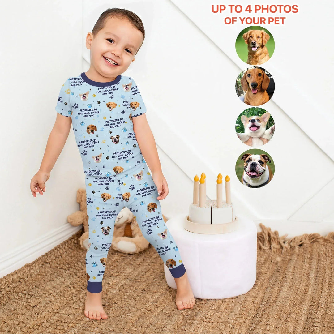 Custom Dog Photos "Protected By" Pawfect Blue Two Piece Short Sleeve Pajama Set , Custom Dog Photos "Protected By" Pawfect Blue Two Piece Short Sleeve Pajama Set - 12-18M