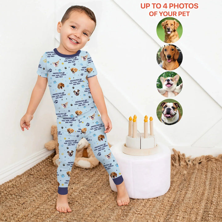 Custom Dog Photos "Protected By" Pawfect Blue Two Piece Short Sleeve Pajama Set , Custom Dog Photos "Protected By" Pawfect Blue Two Piece Short Sleeve Pajama Set - 12-18M